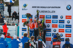 Mari Laukkanen, Gabriela Koukalová & Justine Braisaz på podiet i Holmenkollen, Oslo, Norge